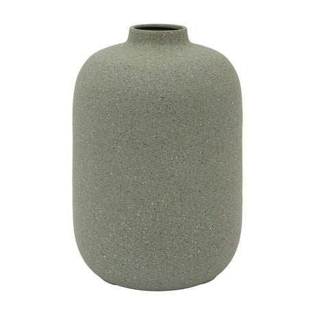 Gallery Direct Govane cast metal vase in olive with a rounded body, short upright neck and speckled matt stone-like finish, on a white background.