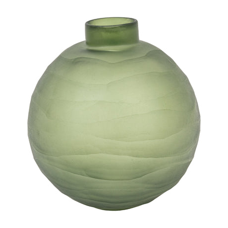 Gallery Direct Bevelled Glass Globe Vase in green with a frosted faceted surface, rounded body and short raised neck, on a plain white background.
