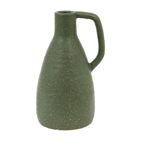 Gallery Direct Ojvelle ceramic jug vase in olive green with matte speckled glaze, tapered bottle body and looped side handle, on a white background.
