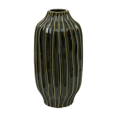 Gallery Direct Organic Ribbed Ceramic Vase in olive green with a rounded bottle shape, narrow neck and deep vertical ribbing, on a white background.