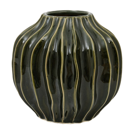 Gallery Direct Organic Ribbed Ceramic Vase in olive green with a rounded bottle shape, deep vertical ribbing and glazed sheen, on a plain white background.