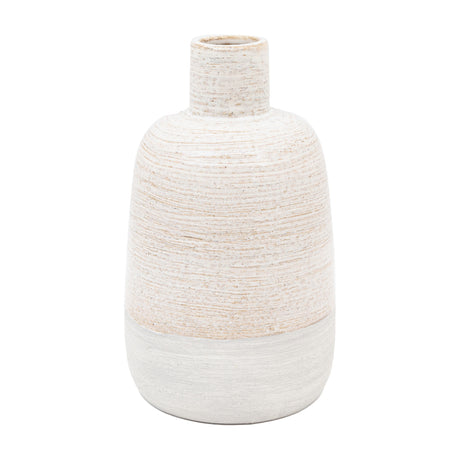 Gallery Direct Mobvane ceramic bottle vase with narrow neck, textured sandy upper band and pale brushed lower body, on a plain white background.