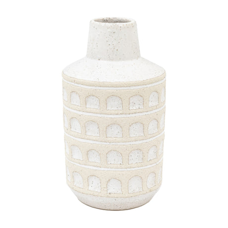 Gallery Direct Capvenne ceramic vase in speckled cream with tall bottle shape, narrow neck and four bands of arched motifs, on a white background.