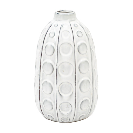 Gallery Direct Kusvane tall ceramic vase in off-white glaze with raised circular dot pattern in vertical bands and narrow neck, on a white background.