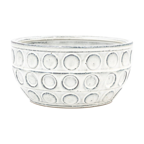 Gallery Direct Kusvane ceramic bowl in white with grey-toned reactive glaze and raised circular dot pattern in rows, shown on a plain white background.
