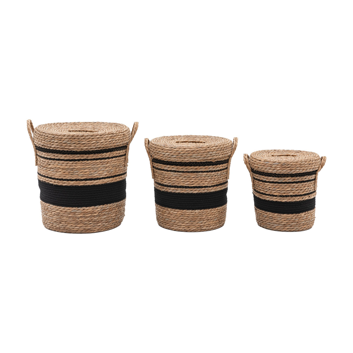 Woven Lidded Storage Baskets with Black Stripe – Natural, Set of 3