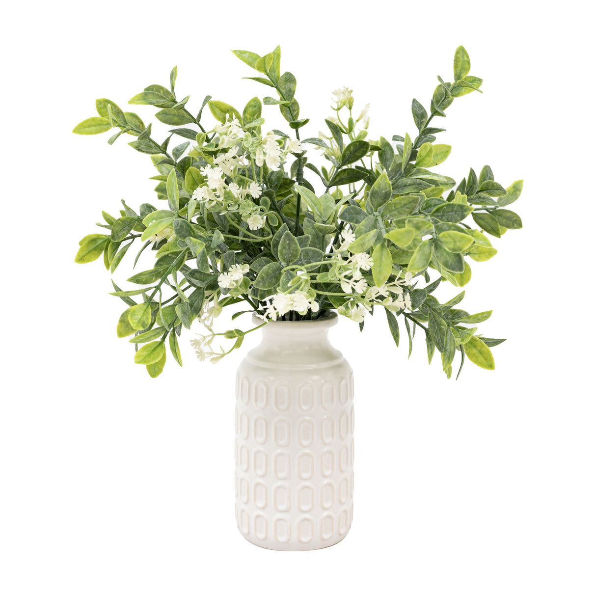 Artificial Meadow Foliage in Retro Ceramic Vase – Green