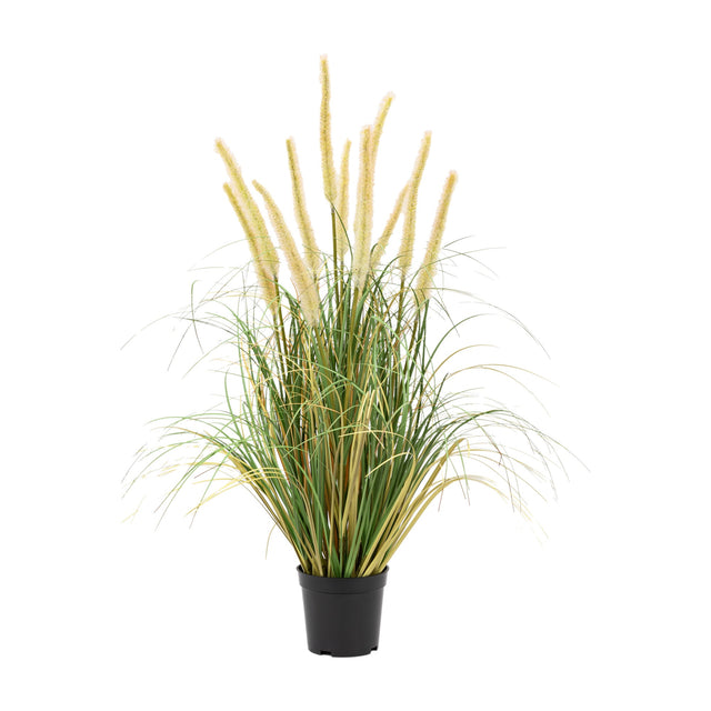 Artificial Potted Grass with Cattail Seed Heads – Green