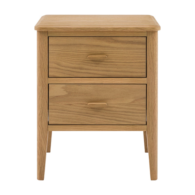 Gallery Direct Camvenne 2 Drawer Bedside Table in natural oak with recessed cut-out pulls and tapered timber legs, shown on a plain white background.