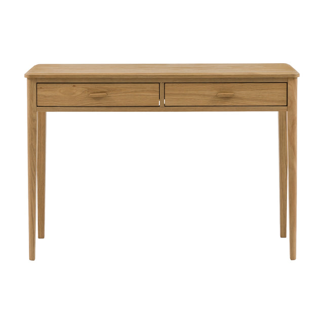 Gallery Direct Camvenne console table in natural oak-effect finish with two drawers, recessed handles and tapered legs on a white background.