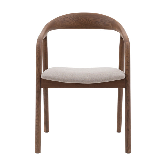 Gallery Direct Madrelle Dining Chair with curved ash arm rail in walnut finish and neutral fabric seat pad, shown on a white background.