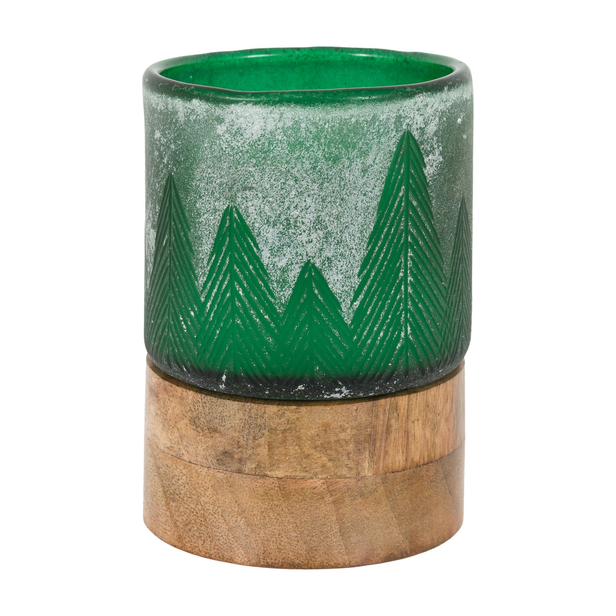 Forest Glass Candle Jar with Wooden Base – Green