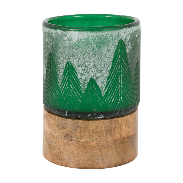 Forest Glass Candle Jar with Wooden Base – Green