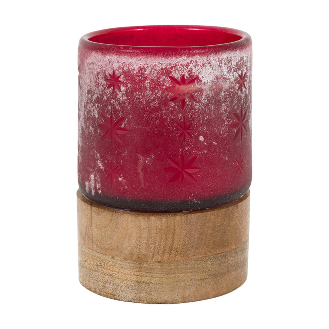 Starry Glass Candle Jar with Wooden Base – Red