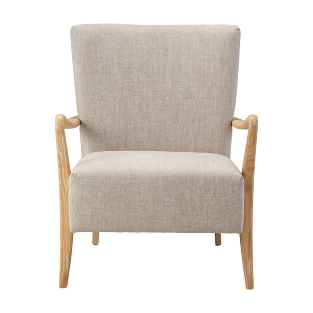 Gallery Direct Chedvane Armchair in natural linen upholstery with a sloped high back and solid oak frame with splayed legs, on a white background.