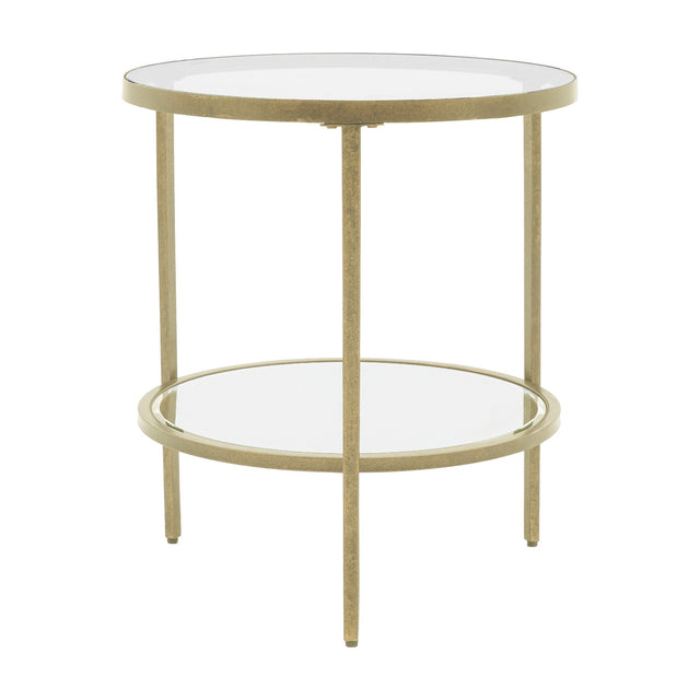 Gallery Direct Hudvane round side table with champagne metal three-leg frame, clear glass top and lower glass shelf, on a plain white background.