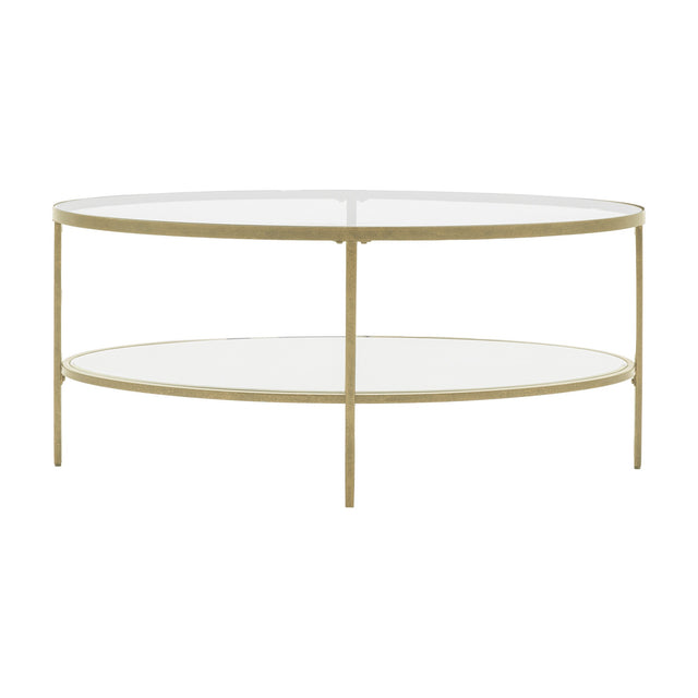 Gallery Direct Hudvane Oval Glass Coffee Table with two clear glass tiers and a slim champagne metal frame on a plain white background.