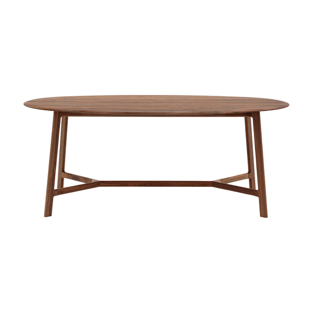 Gallery Direct Madrelle Oval Dining Table in walnut-finished solid wood with splayed legs and a T-shaped stretcher, shown on a plain white background.