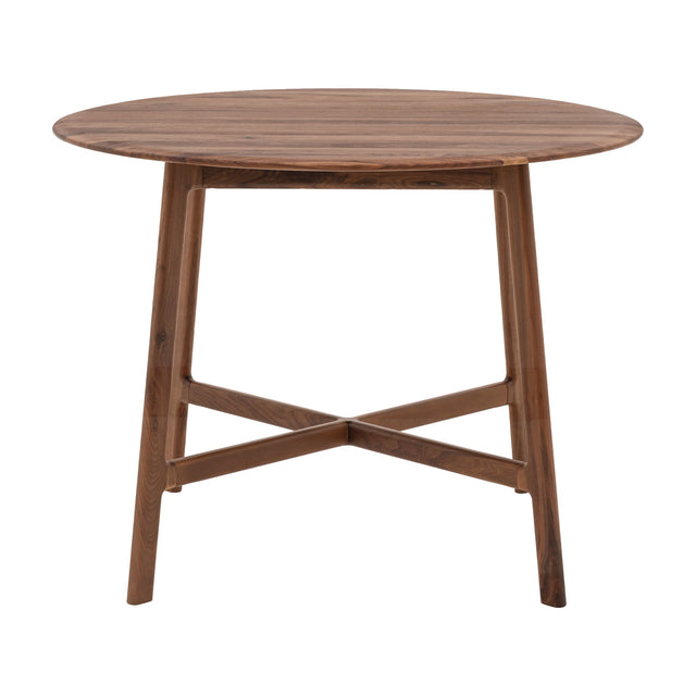 Gallery Direct Madrelle Round Dining Table in walnut with a circular top, four splayed legs and crossed stretcher, on a plain white background.
