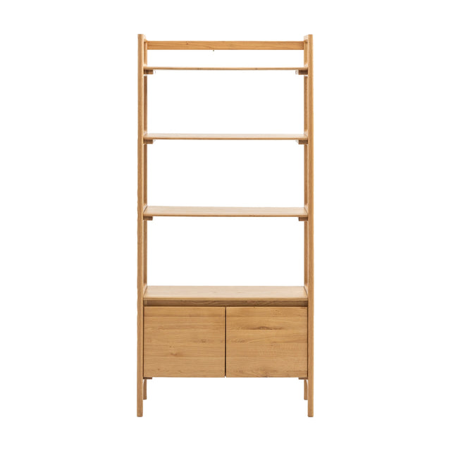 Gallery Direct Madrelle Open Display Unit in oak with three open shelves above a two-door base cupboard and tapered frame, on a white background.