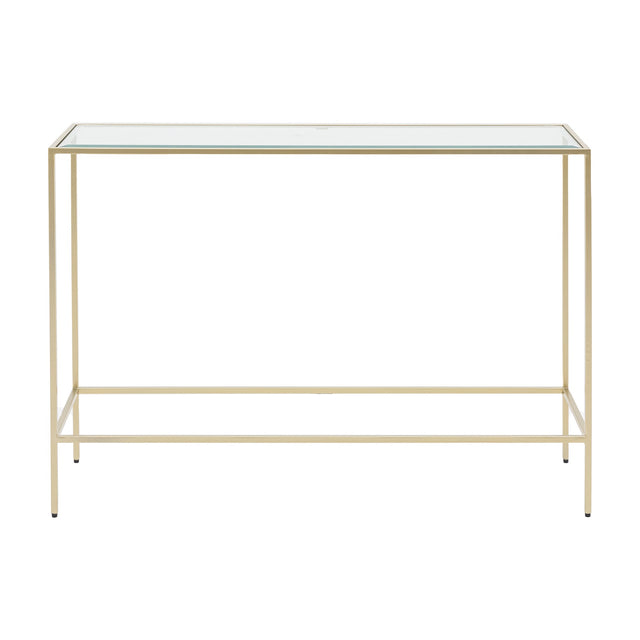 Gallery Direct Rothvorne Console Table with slim champagne metal frame, clear glass top and low bracing rail, shown against a plain white background.