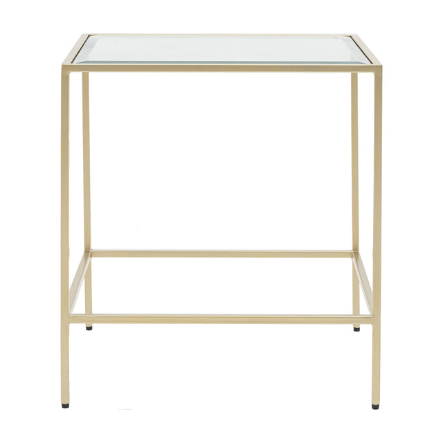 Gallery Direct Rothvorne square side table with clear glass top, slim champagne metal frame and lower stretcher rail, on a plain white background.