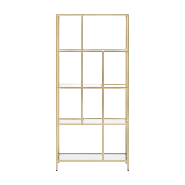 Gallery Direct Rothvorne Glass Display Unit with a slim champagne iron frame and staggered clear glass shelves, shown on a plain white background.