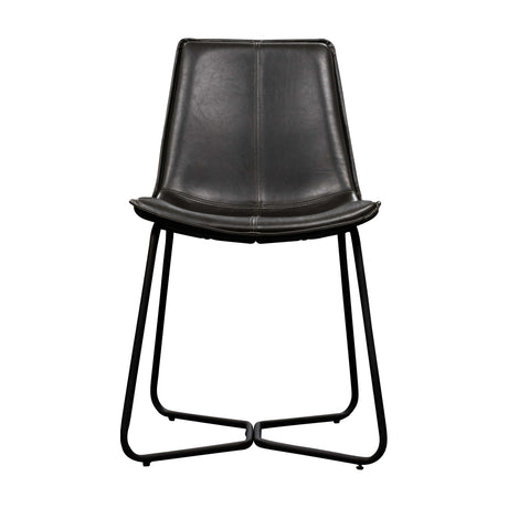 Gallery Direct Hawvenne charcoal faux leather dining chair with moulded shell seat, centre back seam and matt black iron sled legs on a white background.
