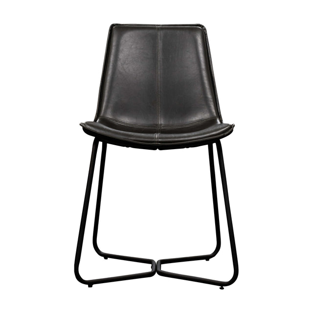 Gallery Direct Hawvenne charcoal faux leather dining chair with moulded shell seat, centre back seam and matt black iron sled legs on a white background.