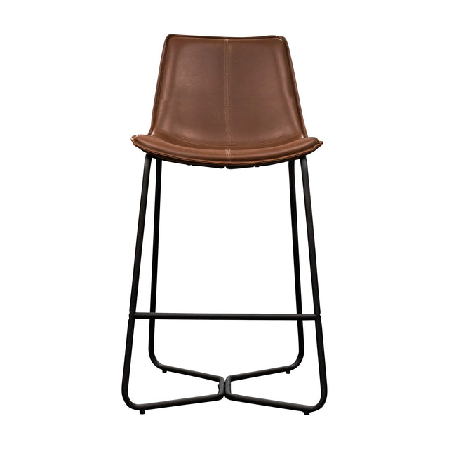 Gallery Direct Hawvenne bar stool in brown PU faux leather with contrast stitching, curved shell seat and black iron sled base with footrest.