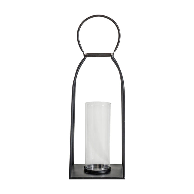 Gallery Direct Alcelle Metal Lantern with matt black arched steel frame, large circular top handle and removable clear glass hurricane on a white background.