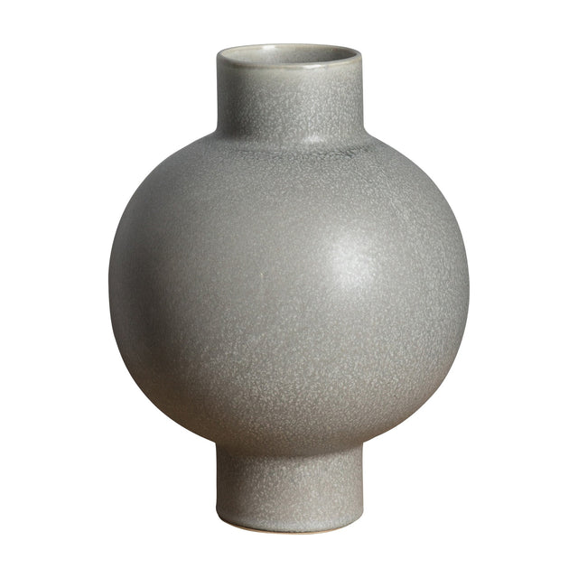 Gallery Direct Oshvane Sphere Vase in grey stoneware with a matt speckled finish, rounded body, slim neck and cylindrical foot on a white background.