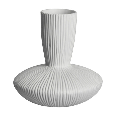 Gallery Direct Honvane ribbed cream stoneware ceramic vase with wide rounded base and slim cylindrical neck, shown on a plain white background.