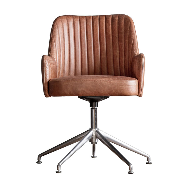 Gallery Direct Curienne Swivel Chair in vintage brown channel-stitched leather with sloped arms on a polished four-star aluminium swivel base.