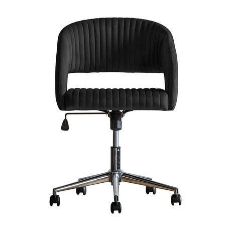 Gallery Direct Murvane Swivel Office Chair in black velvet with channel-stitched tub back, open gap, and five-star chrome castor base on a white background.
