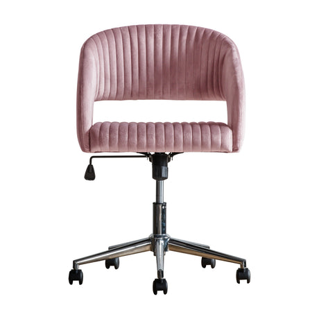 Gallery Direct Murvane Swivel Office Chair in pink velvet with channel-stitched tub back and chrome five-star castor base on a white background.