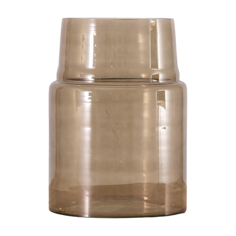 Gallery Direct Kudvane Vase in smoked brown glass with a wide cylindrical base and stepped narrower neck, shown on a plain white background.