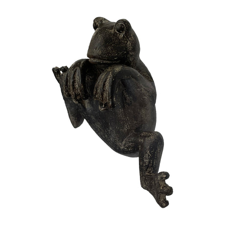 Gallery Direct Philvane frog pot hanger in antique bronze polyresin, shown with dangling front legs and tucked back legs against a white background.