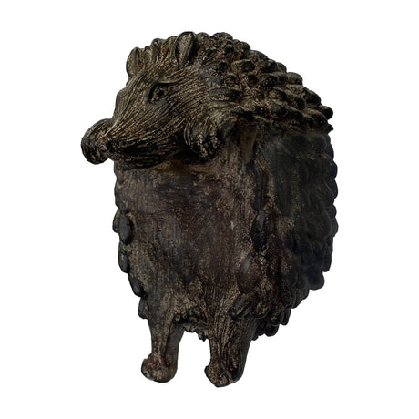 Gallery Direct Edvane Hedgehog Pot Hanger in aged brown polyresin, shown perched with forepaws hooked as if resting over a pot rim.