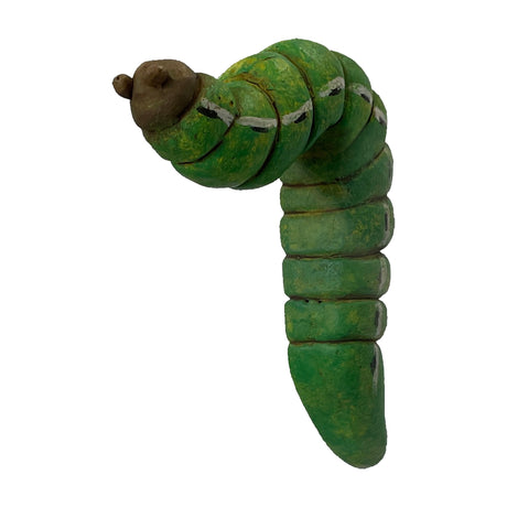 Gallery Direct Jackvane Caterpillar Pot Hanger in hand-painted green polyresin with brown head, white markings, and curved segmented body hooking over a rim.