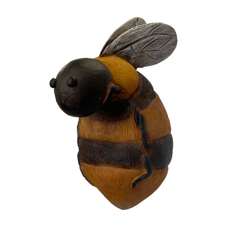 Gallery Direct Theovane Bee Pot Hanger polyresin bumblebee figurine with yellow and brown striped body, black head and grey wings on white background.