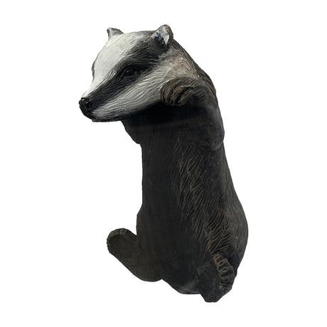 Gallery Direct Brysvane Badger Pot Hanger in hand-painted polyresin, sculpted mid-climb with grey, black and white markings, on a plain background.