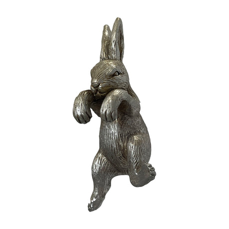 Gallery Direct Pipvane Hare Pot Hanger in silver polyresin, a textured upright hare figure with paws designed to hook over a plant pot rim.