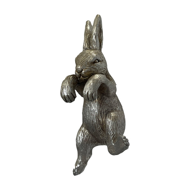 Gallery Direct Pipvane Hare Pot Hanger in silver polyresin, a textured upright hare figure with paws designed to hook over a plant pot rim.