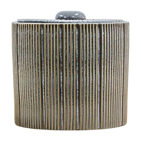 Gallery Direct Estvane Ribbed Lidded Jar in grey clay with vertical fluted body, speckled glaze and fitted lid with rounded knob, on a white background.