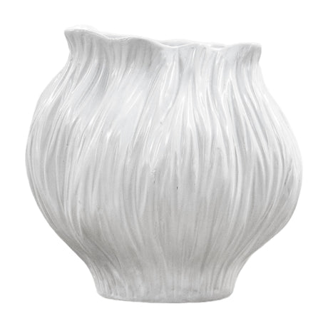 Gallery Direct Florvelle Textured Ceramic Vase in glossy white, with a rounded body, rippled rim and flowing vertical ridges, on a plain background.