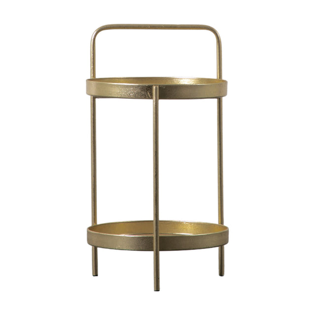 Gallery Direct Senvane Two Tier Side Table in gold, with two round trays, slim tubular iron frame and tall arching carry handle, on a white background.