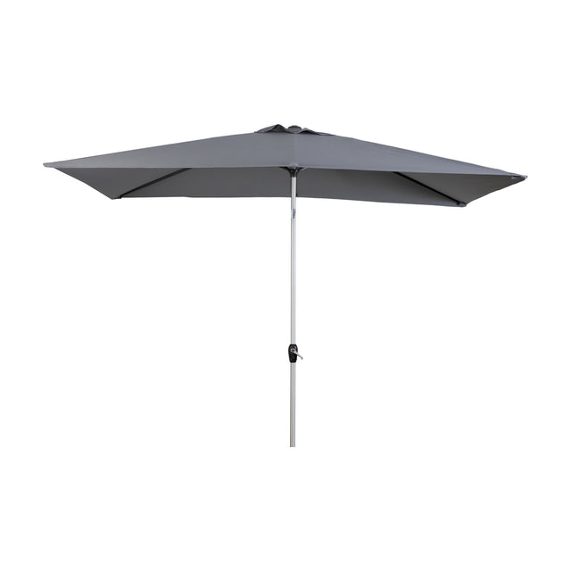 Gallery Direct Vazvane 2x3m rectangular garden parasol with grey polyester canopy, aluminium pole and crank handle on a white background.