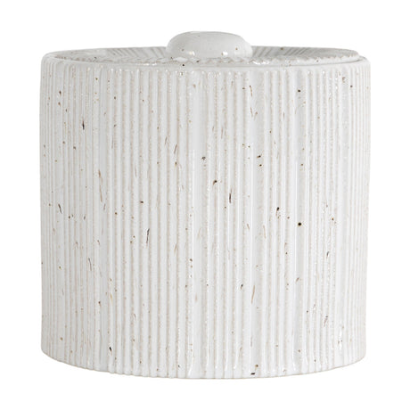 Gallery Direct Estvane Ribbed Lidded Jar in white speckled ceramic with vertical fluting and a small rounded knob lid, shown on a plain background.