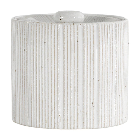 Gallery Direct Estvane Ribbed Lidded Jar in white speckled ceramic with vertical fluting and a small rounded knob lid, shown on a plain background.